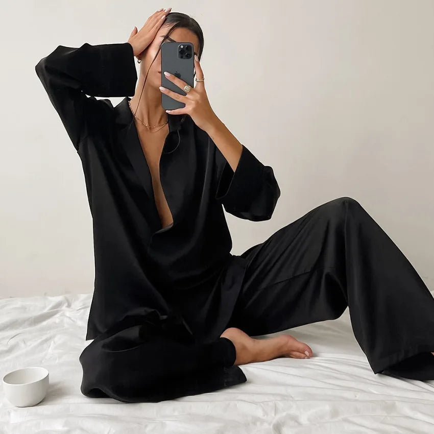 Two Pieces Women Pajama Sets Single Breasted Blouses Lounge Full Sleeve Spliced Straight Pants Casual Solid Lady Sleepwear