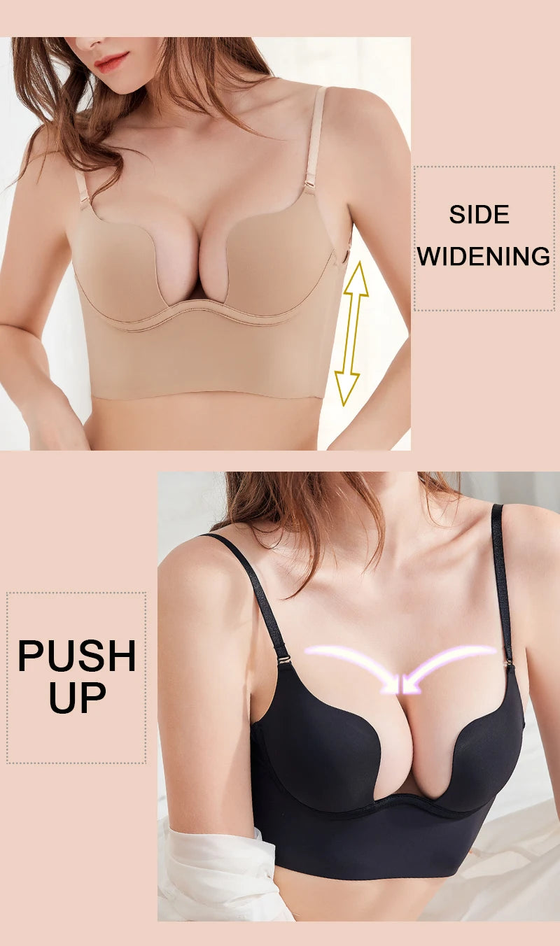 Push Up Bra Backless Women Bras Low Cut Sexy Plunge Brassiere Open Back Wedding Underwear Invisible Seamless Deep U Lingerie