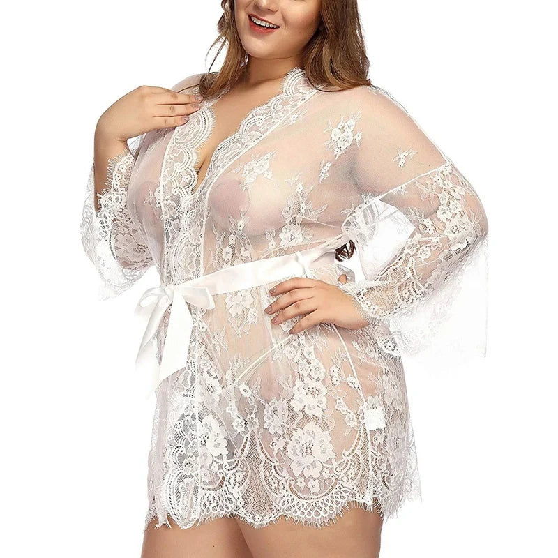 Sexy Women Lingerie Lace Night Dress Sleepwear Nightgown Bandage Deep V G-String See Through Sexy Sheer Sleep Dress Robe