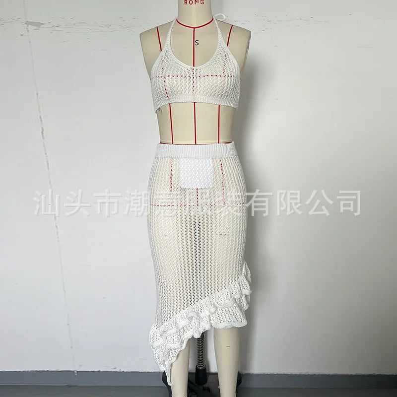 Sexy Women Bikini Two Piece Crochet Set Sleeveless Hollow Out Crop Top and Ruffled Skirt Outfit Summer Beach Knitted Cover Ups