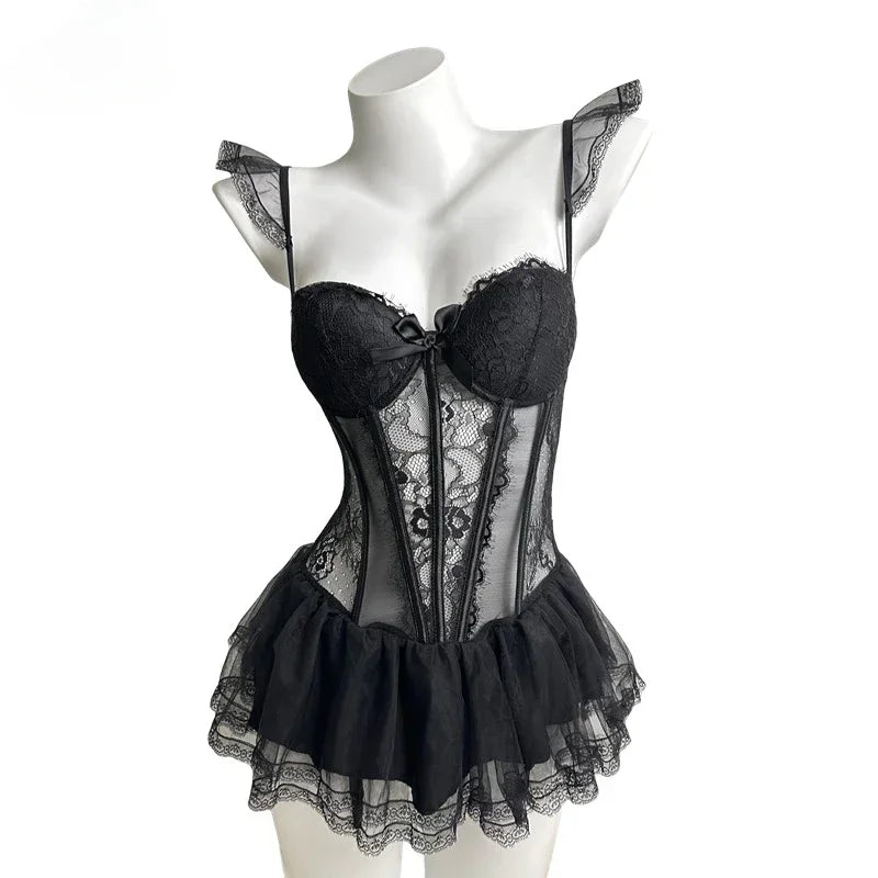 Erotic Lingerie Ladies Sexy French Lace Corset New Bodysuit Gathered Elasticity Women Push Up Mesh Material Bustier Underwear