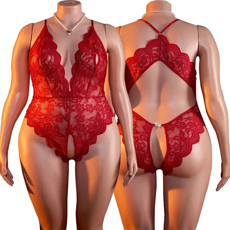 Women's Plus Size Babydoll Chemises Erotic Lingerie Sexy Crotchless Bodysuit Temptation Pajamas Lace V Neck Mini Baby Doll Dress