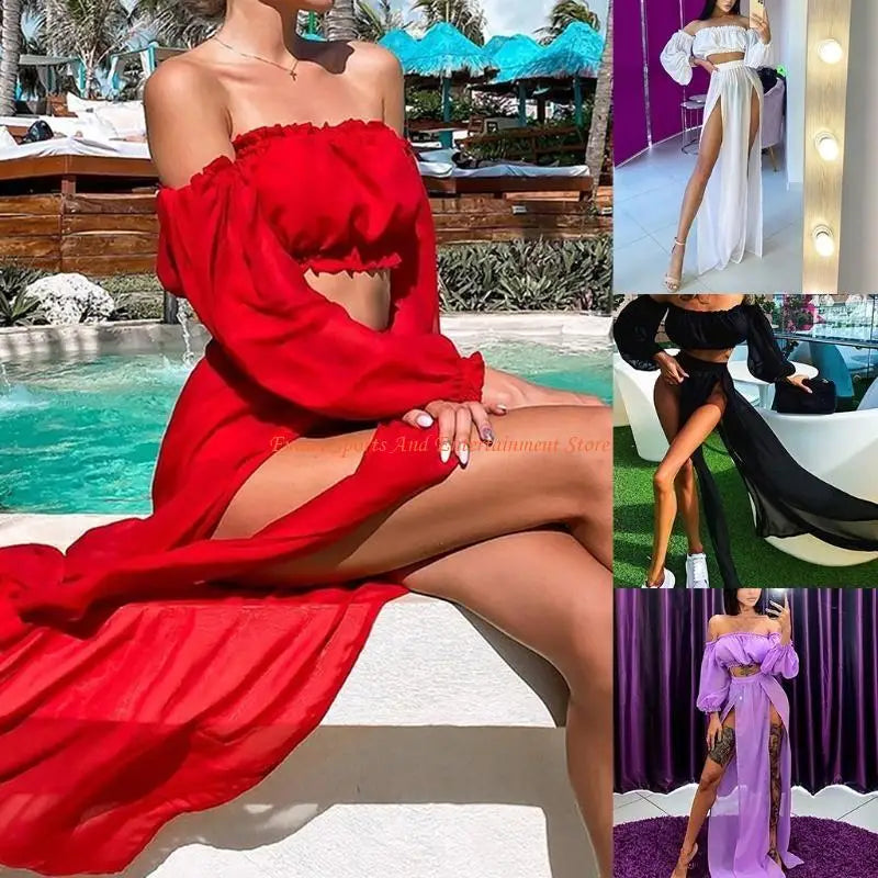 C4DE Women Sexy 2 Piece Swimsuit Cover Up Beach Outfits Set Sheer Mesh Puff Long Sleeve Off Shoulder Crop Top High Waist