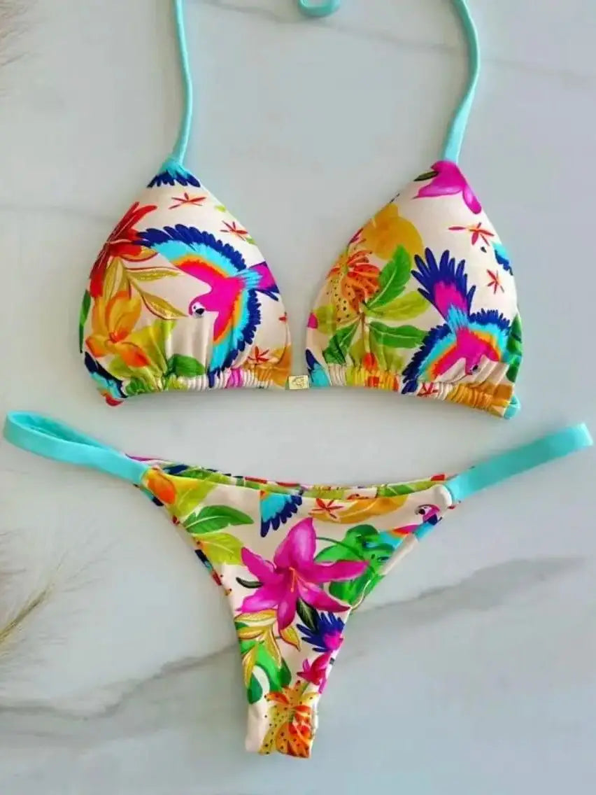 Print Sexy Bikini Sets Halter Lace-up Tops Thongs Beach Style Bathing Suit Y2k Swimsuits Women Beachwear Купальник Женский 2026