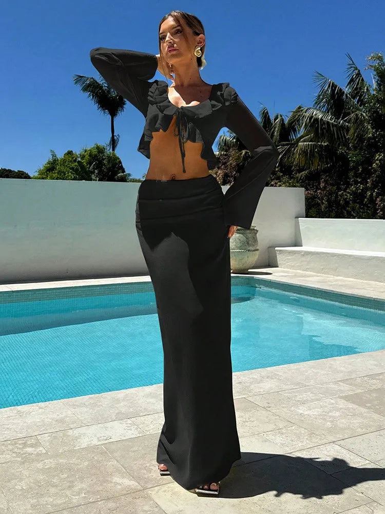 Swimwear Skirt Cover-up 2 Piece Set Women Crop Tops And Long Skirt Bathing Suit Fashion Solid Hollow Sexy Beach Cover Up Outfits