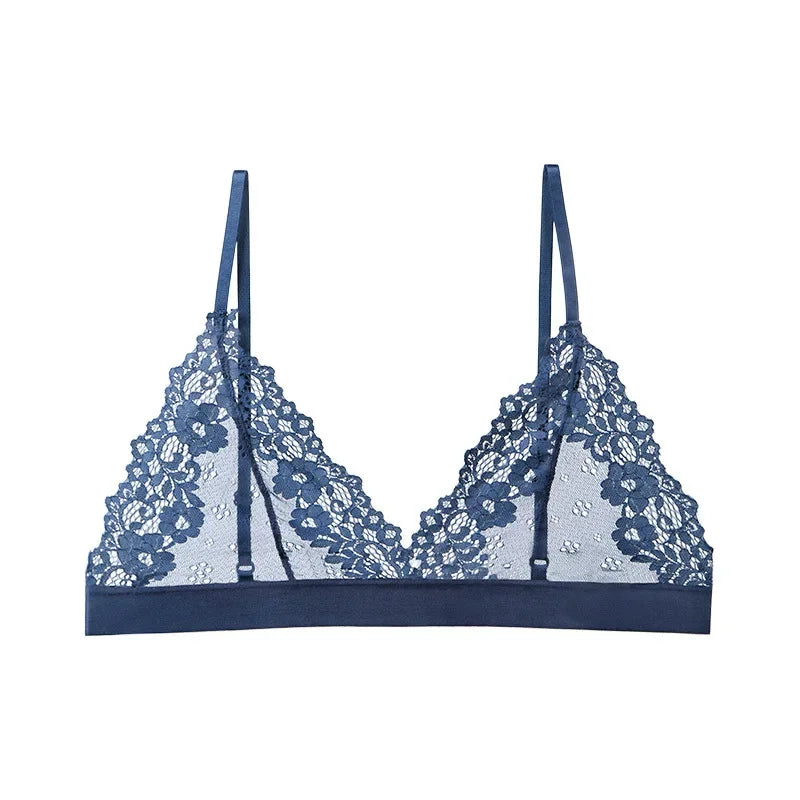 Plus Size Romantic Full Lace Bralette for Women Sexy French Style Sheer Wireless Bra Ultra Thin Hollow Out Demi Cup Brassiere