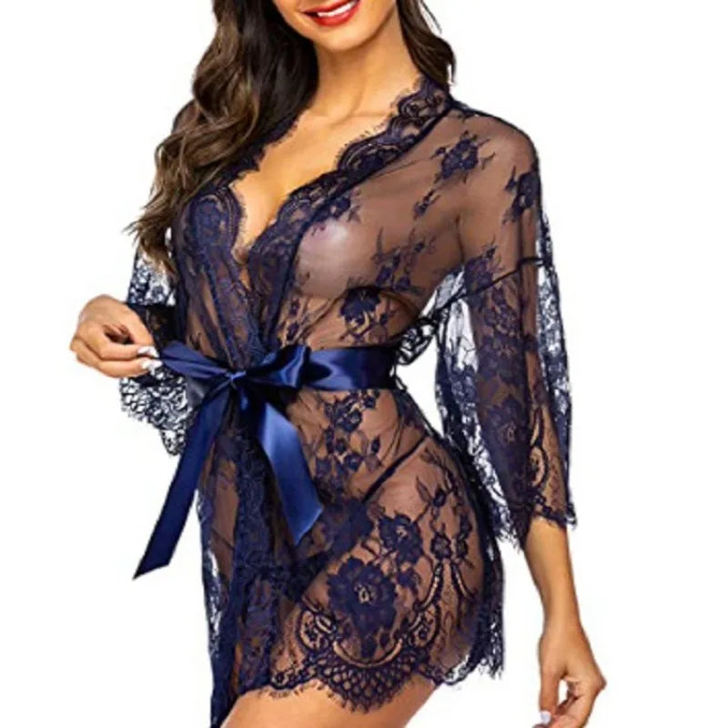 Plus Size Women Sexy Lingerie Robe  Porno Sleepwear Nightgown Lace See Through Dress Transparent Babydoll Erotic Nightwear Set