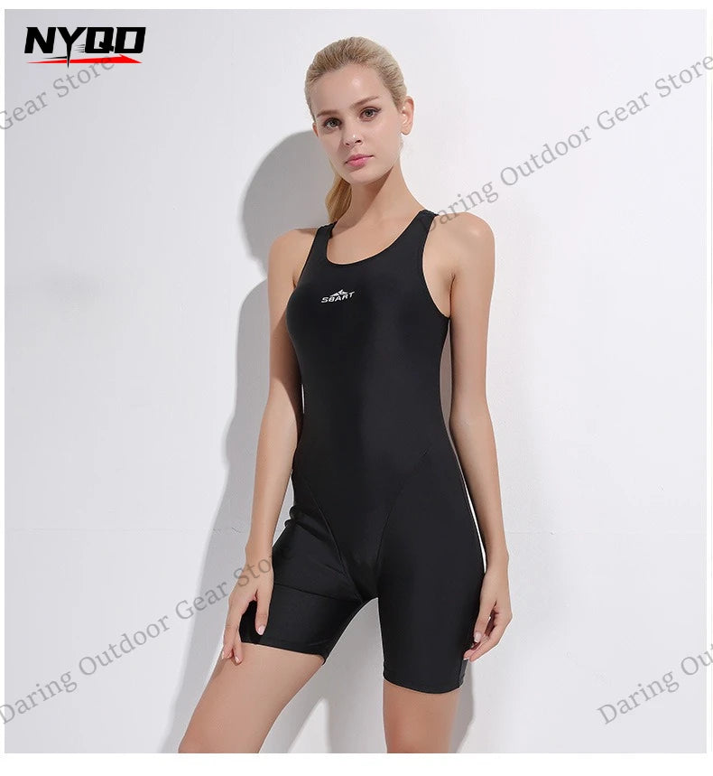 Women's One-Piece Racing Swimsuit, Athletic Quick-Dry Sleeveless Swimsuit with Shorts for Hot Spring & Diving