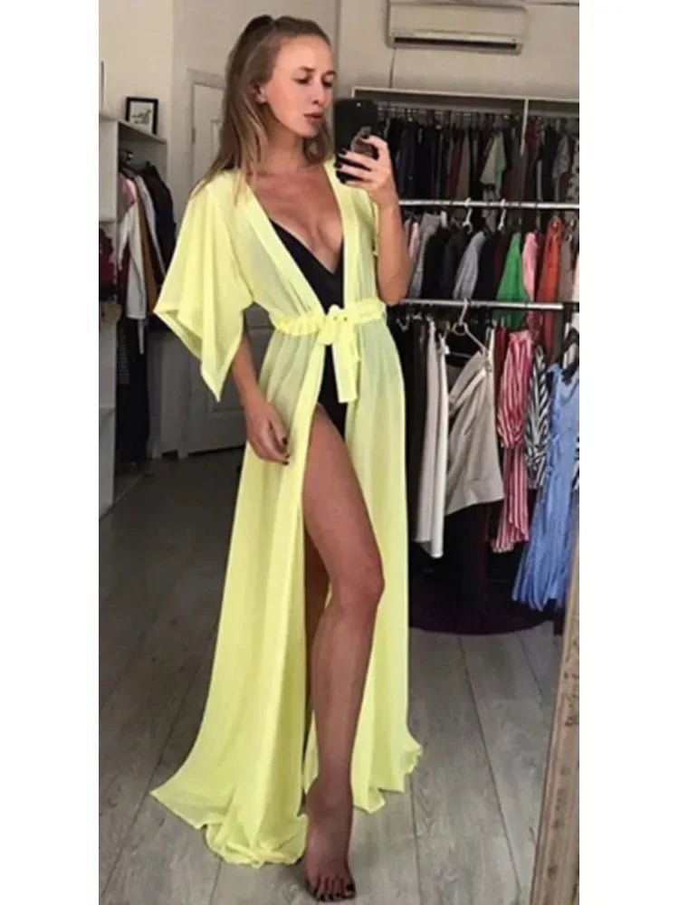 Women See Through Bikini Cover-ups Mesh Short Sleeve Cardigan Beach Dress Summer Sexy Swimwear Cover Ups