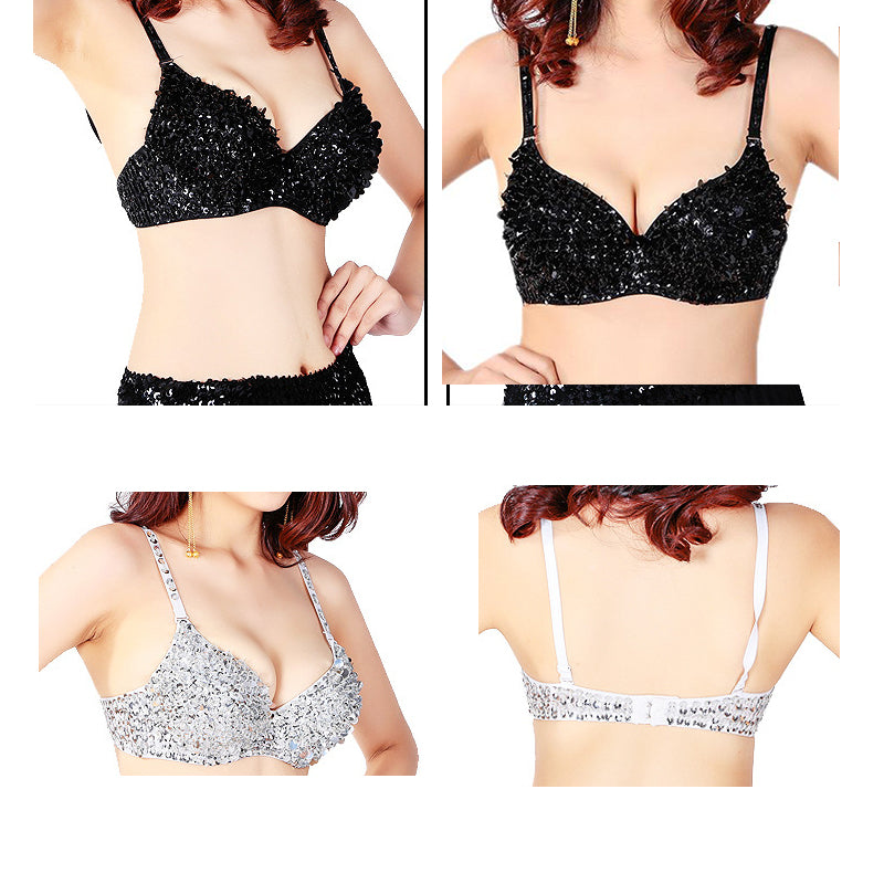 Sexy Bra Women Push Up Luxury Handmade Sequined Bra Lady Silver Punk Style Studded Sponge Bras For Show Party