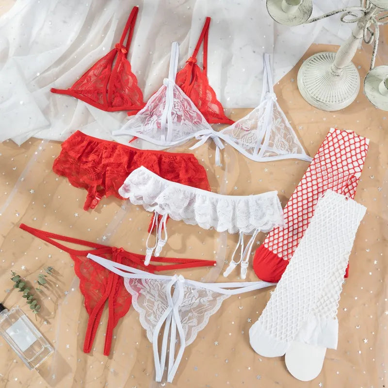 Sexy Lingerie with stockings Set Women's Intimates lace Underwear Bra Panties Set G-string Garter Belt sexual lingerie erotic