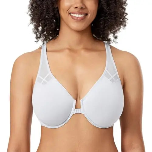 DELIMIRA Women's Front Closure Racerback Bras Plus Size Full Coverage Supportive Underwire Plunge Unlined Bra Underwear