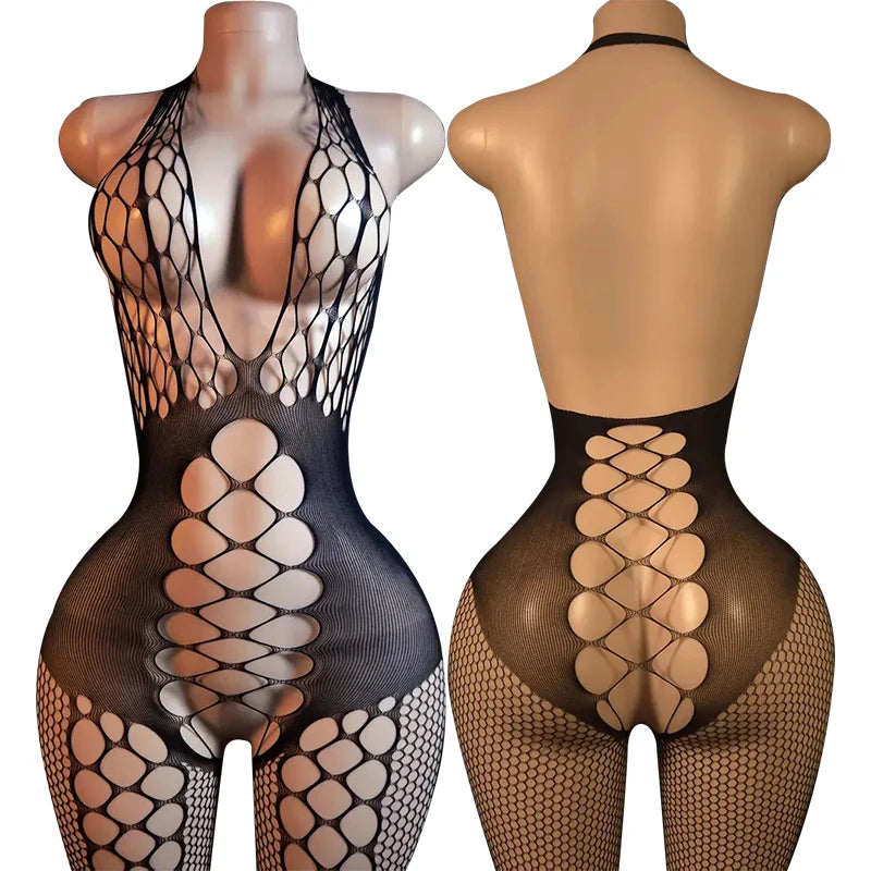 Open Back Bras Body Suits Hanging Neck Bodystockings Erotic Crotchless Lingerie Women Black Sexy Fishnet Hollow Underwear Sets