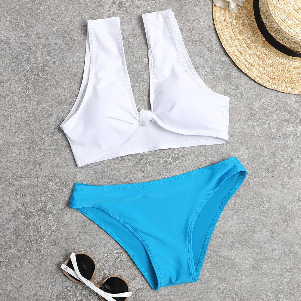 Summer Bikini Set Women Swimsuit White Tank Top Low Rise Blue Panties Trajes De Baño Beach Swimming Bathing Suit Sexy Swimwear