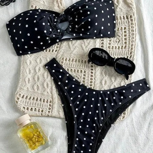 2026 Bikini Woman 2025 Swimsuit Women Printed Bikinis Black Bandeau Top Thong Bottom Swimwear Polka Dot Two Piece High Cut