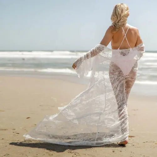 Women Sexy Lace Mesh Night Dress Hollow See-Through Long Robes Beach Cover-ups Cardigan Lingerie Sleepwear Nightwear Sleep Dress