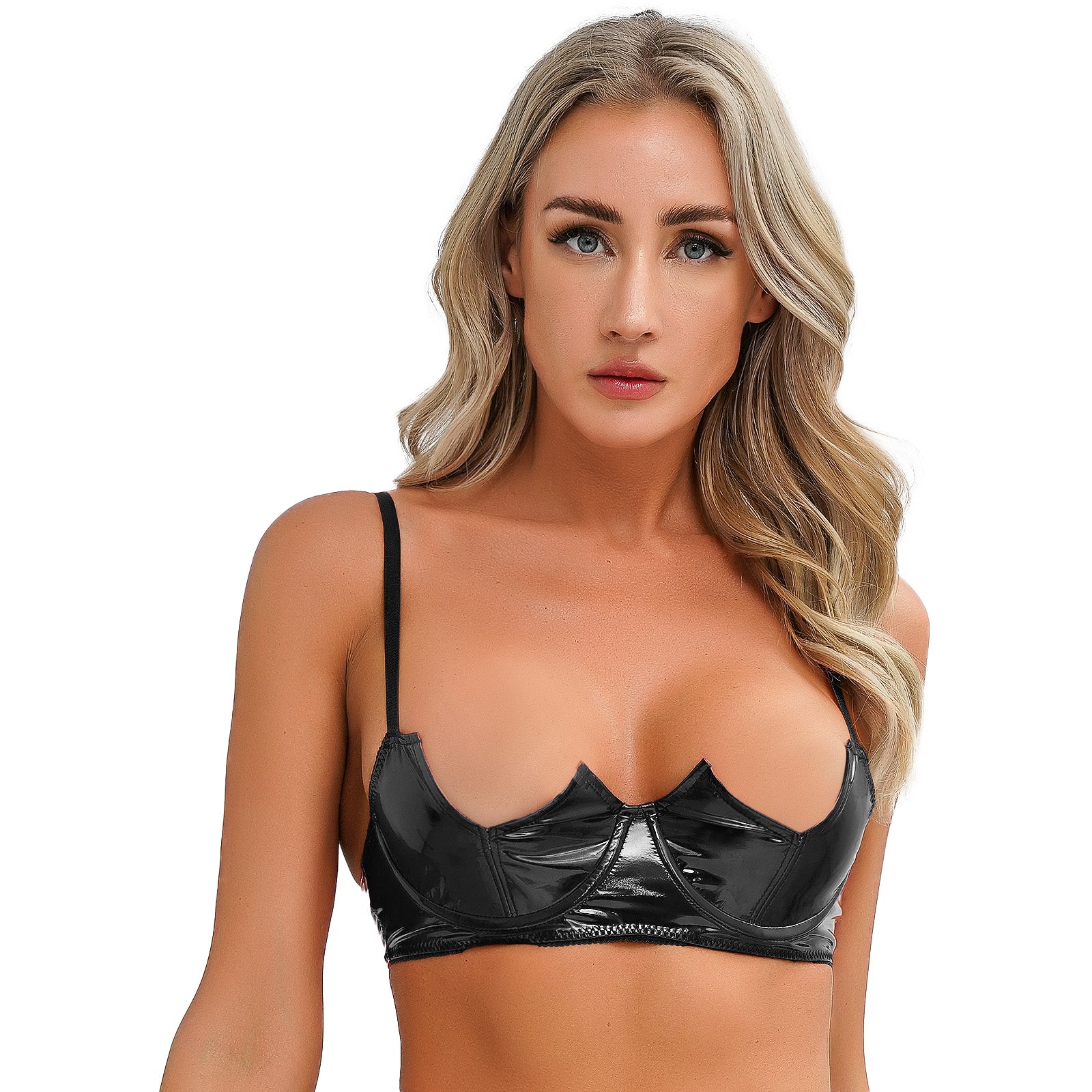 Women Sexy Exposed Nipple Bras Wet Look Patent Leather Underwired Brassiere Top Lingerie for Nightclub Pole Dacing Nightwear