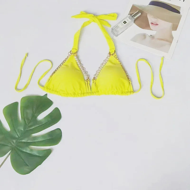 Bikini swimsuit with separate metal cover-up, women's halter neck backless swimwear made of highly elastic fabric