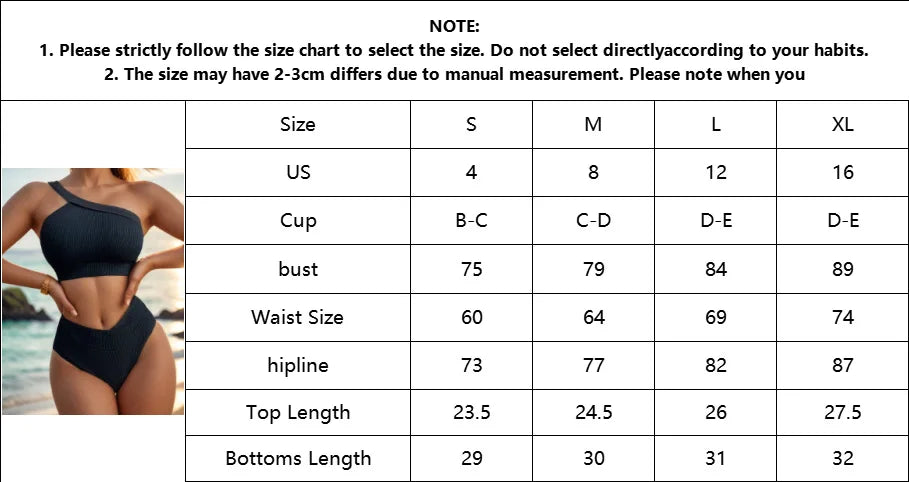 Ribbed Knit One Shoulder Bikini Asymmetrical Strap Crop Top V‑Shaped High Waisted Bottom Two‑Piece Swimsuit Women Tummy Control