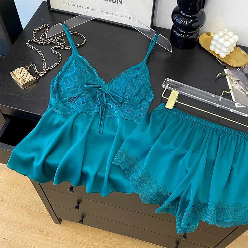 Sexy Intimate Lingerie Pajamas Set Hollow Out Lace Cami Shorts Pijamas Suit Spring Summer New Sleepwear Home Clothes Loungewear