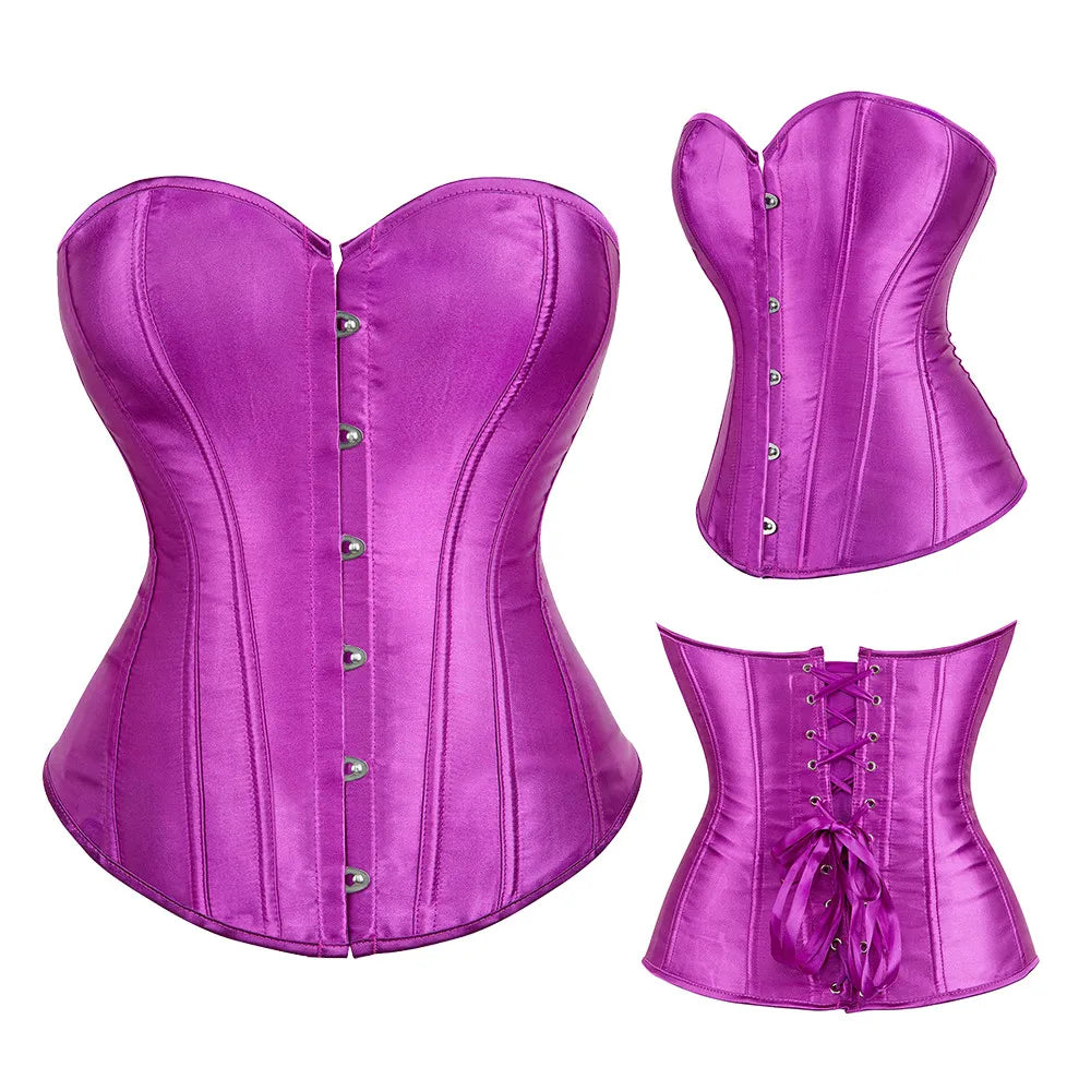 Corset Top Bustier Overbust Women Sexy Satin Lingerie Corselet Plus Size Red Black Green Pink Brown Gold Purple