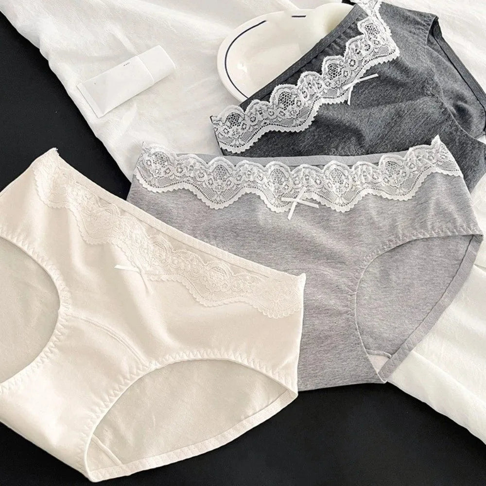 Lingerie Bow Lace Cotton Panties Transparent Seamless Underwear for Women Mid Waist Soft Floral Lace Briefs Spring Summer