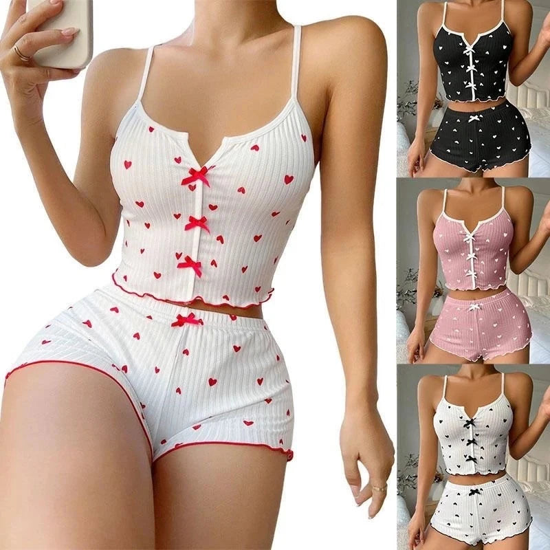 1 Set Sleepwear Women Pajamas Set Heart Print Soft Ribbed Fabric with Flirty Frill Trim Casual Cami Top and Short Set Loungewear