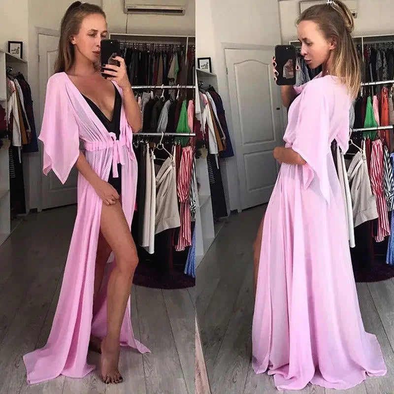 Women See Through Bikini Cover-ups Mesh Short Sleeve Cardigan Beach Dress Summer Sexy Swimwear Cover Ups