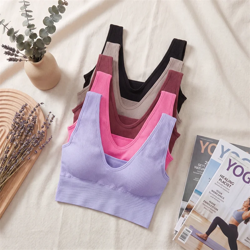 Sports Yoga Women's Bra Ribbed Shockproof Fitness Workout Bralette Sexy Elastic Backless Underwear Push-Up Bra Sportswear Tops