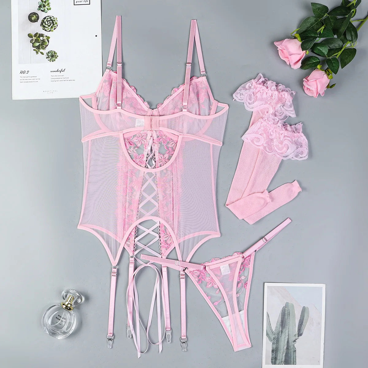 Ellolace Fancy Sexy Lingerie 3-Piece Corset Lace Up Beautiful Bodysuits With Stocking Luxury G-String Pink Intimate Goods 4PCY