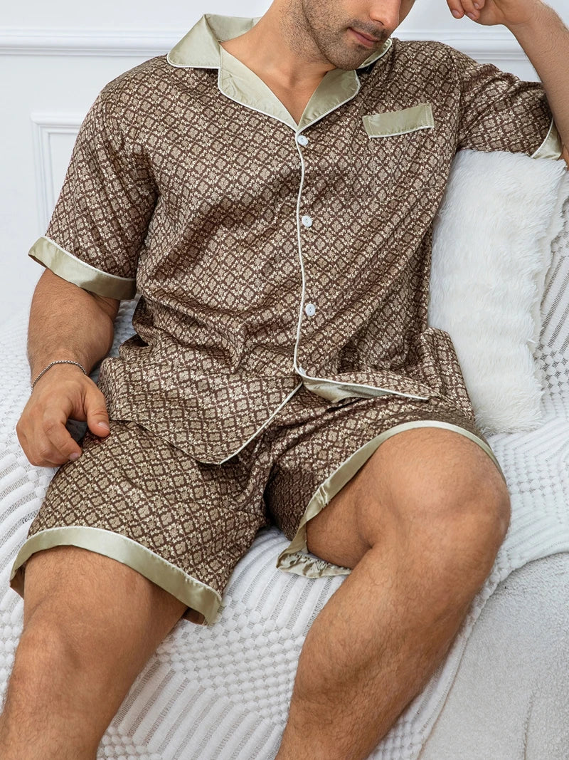 Men's Plaid Print Pajama Set Short Sleeve Lapel Top And Elastic Shorts Comfortable Perfect For Summer Sleepwear Loungewear Pjs