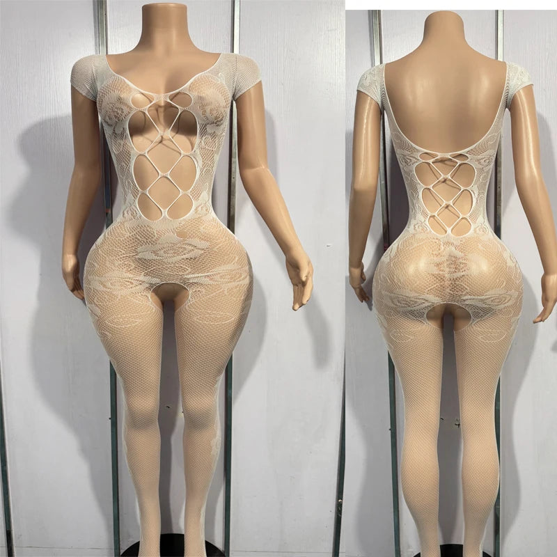 Lingerie Set for Women Lace Transparent Bodystockings Sexy Costumes Crotchless Sleepwear Female Sex  Babydoll Dress