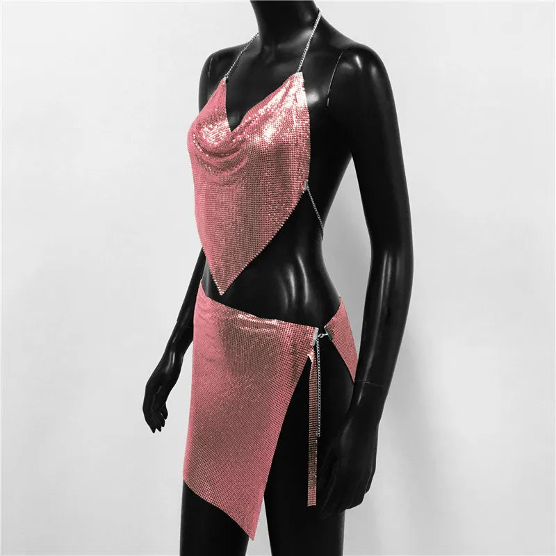 Sexy Metal Sequins 2 Piece Set Women Sleeveless Deep V Neck Backless Halter Tank Tops Split Mini Skirts Beach Party Outfits