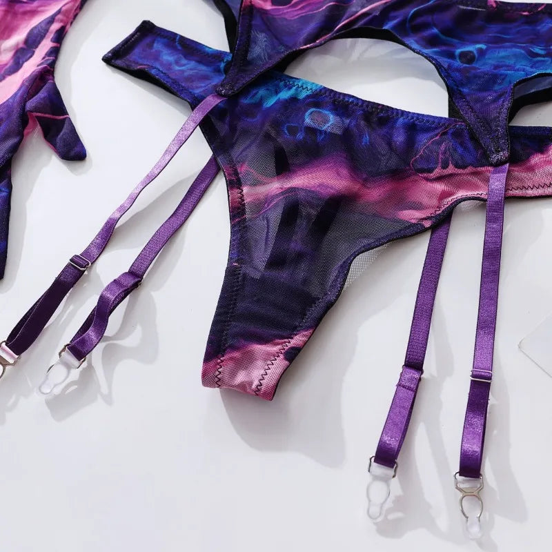 5 Pieces Lingerie Set Women Nightwear tie-dye Printed Halloween Underwear Bras Panties Golves Stocking Erotic Laungerie Set