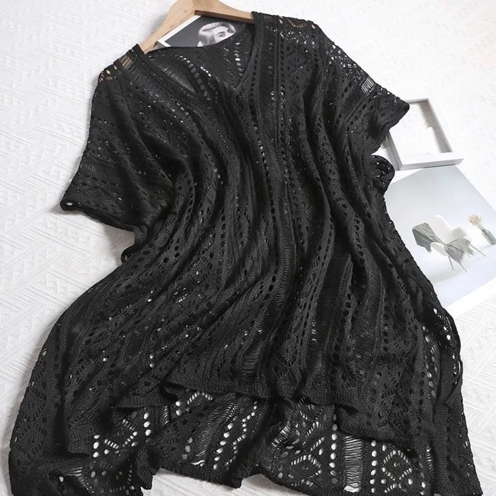 Leisure Oversized Hollow Out Swimsuit Cover Up V-neck Loose Knitted Bikini Cover Up Bohemian Style Mesh Beach Wear Summer