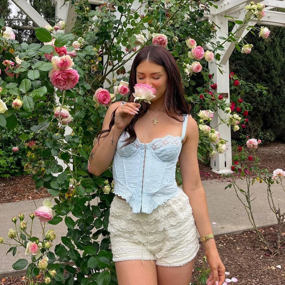 White Lace Corset Tops Front Buckle Women Clothing Sleeveless Cardigan Vest Summer Club Party High Street Fashion Sling Tank Top
