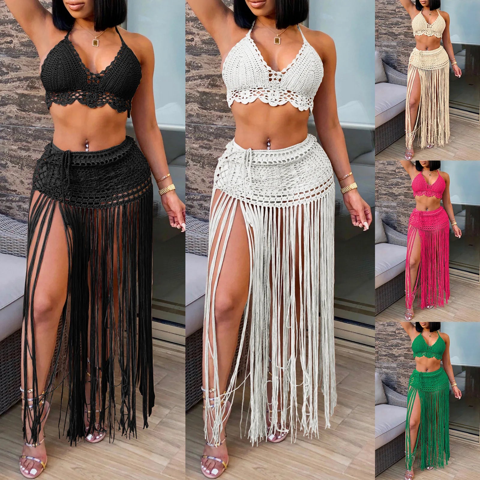 New Women's Two Pieces Swimsuits Beach Style Knitted Bikini Tops High Waist Tassel Long Skirts Female Sexy Cover Up Bikini Sets
