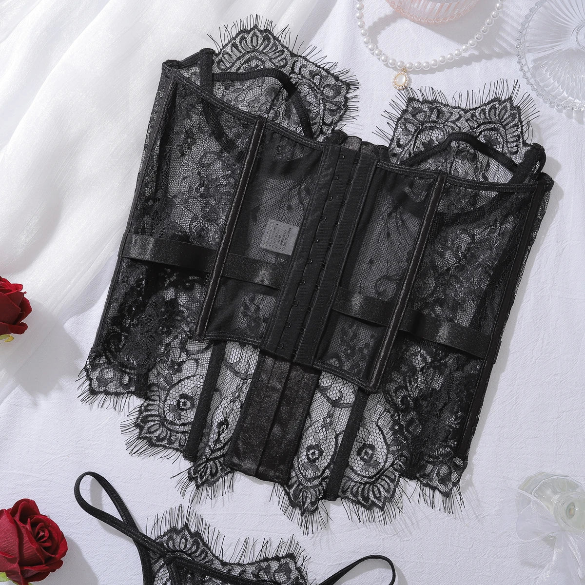 2025 new product: two-piece lingerie set for women, featuring eyelash lace, wavy low-cut fishbone design, and sexy body-shaping