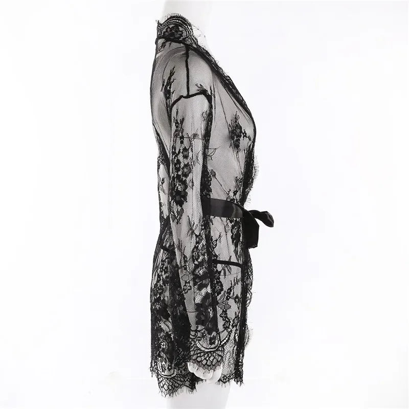 Women Sexy Lingerie Erotic Transparent V-Neck Nightwear Babydoll Robe G-string Costume Kimono Robe Lace Sleepwear Dress