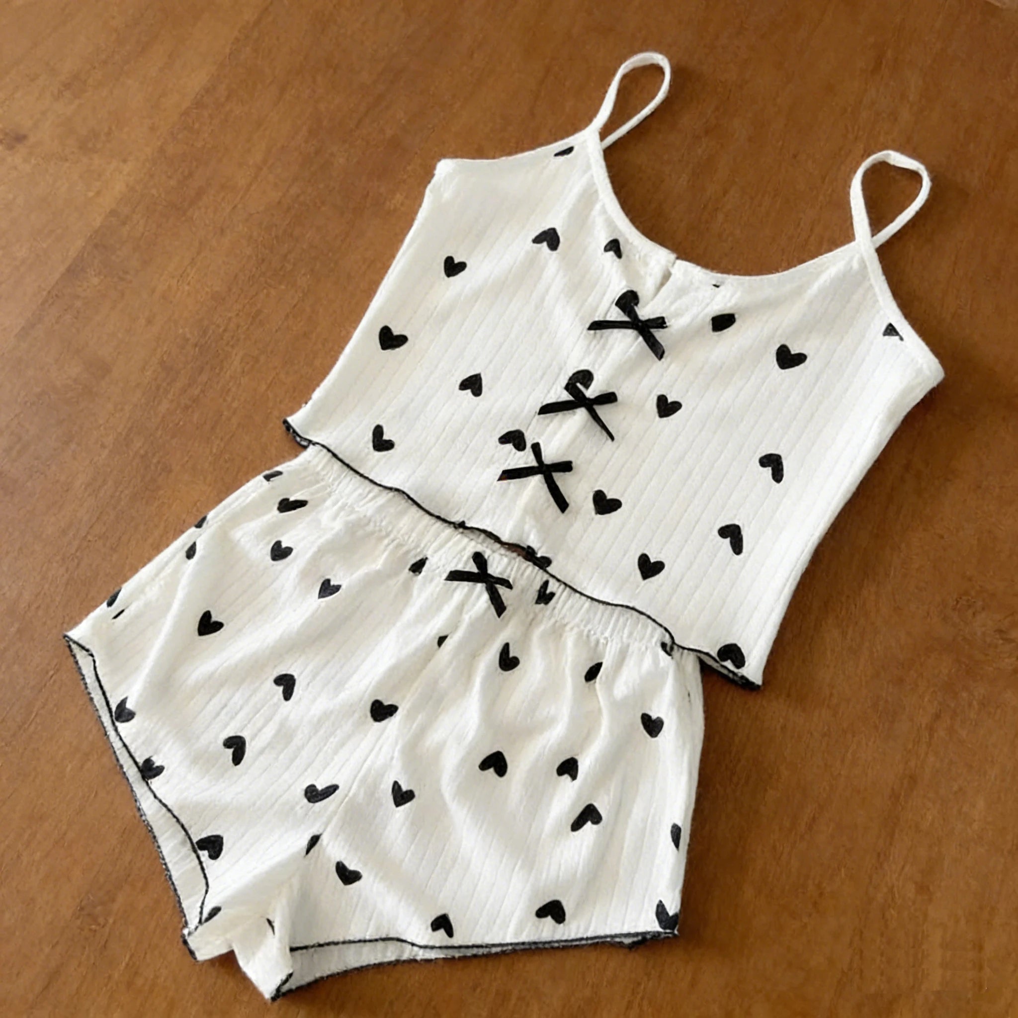 Women's Pajamas Set Sleepwear Bear Printed 2 PCS with Flirty Frill Trim Casual Cami Top and Long pants Sets Loungewear Soft