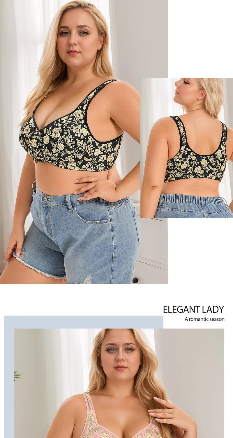 plus Size Front Closure Wireless Floral Print Bra Full Coverage Comfortable Support Bralette for Women Wide Band Everyday Wear