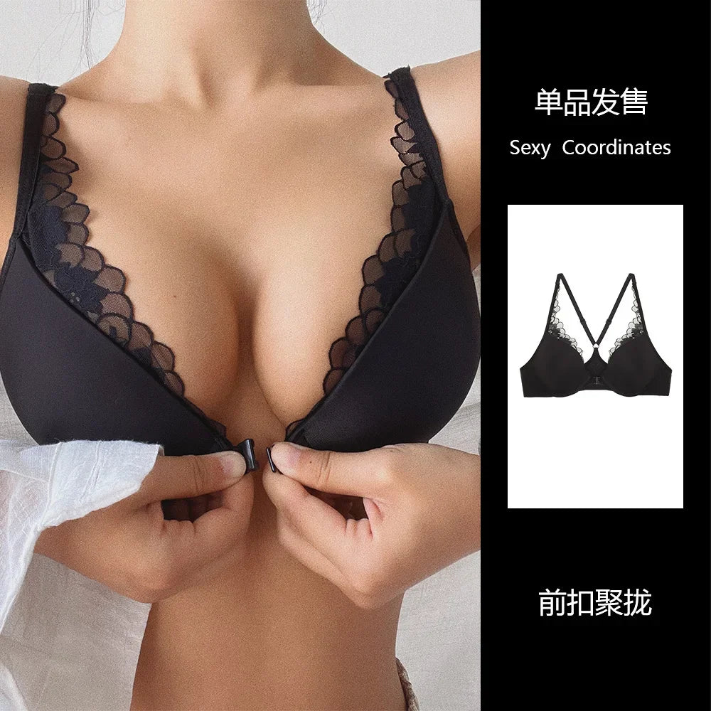 Front Closure Lace Gathered Sexy Bra Breathable Thin Hollow Out Push Up Women's Bras Summer Seamless Lingerie