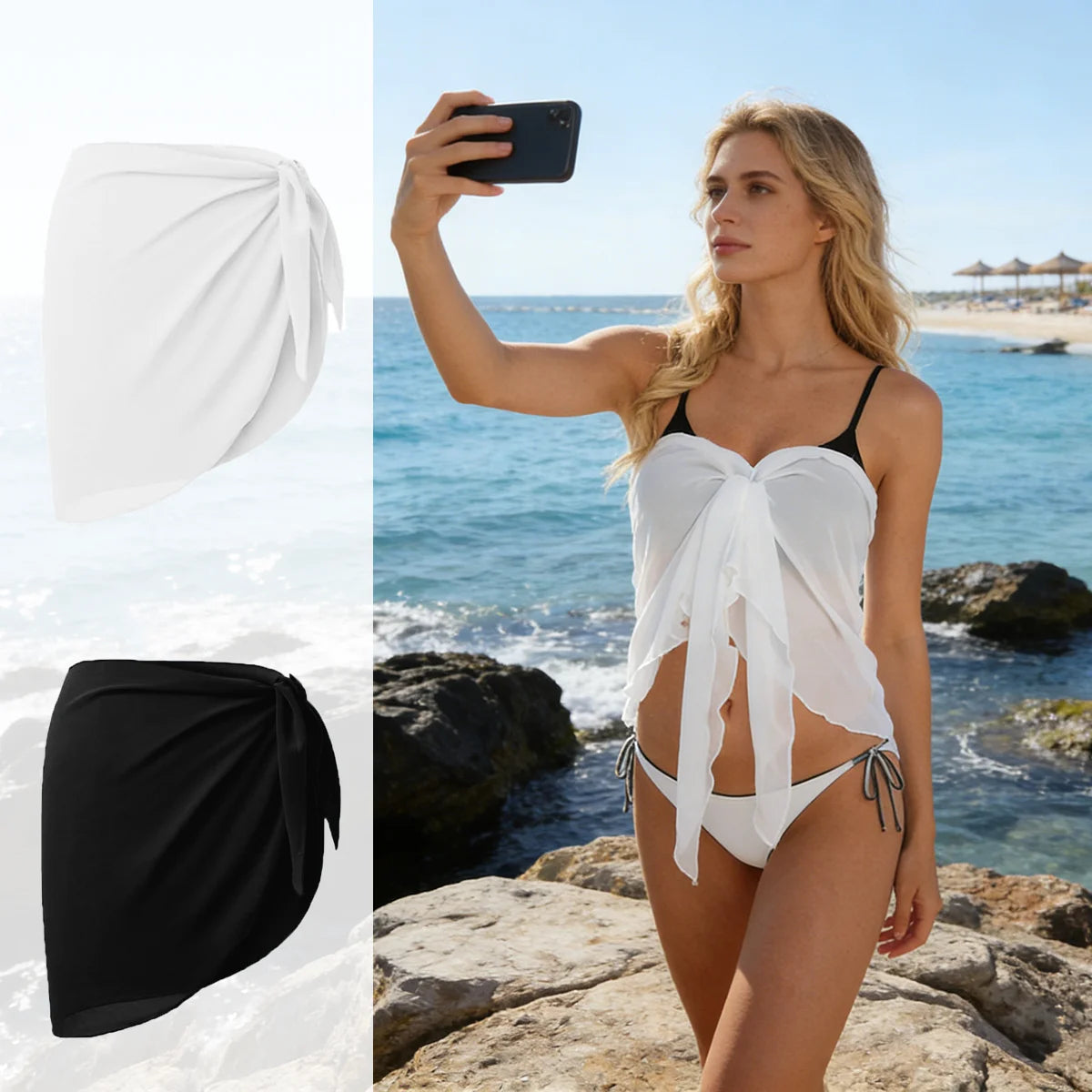Women Short Sarongs Swimsuit Coverups Beach Bikini Wrap Sheer Short Skirt Chiffon Scarf Cover Ups for Swimwear