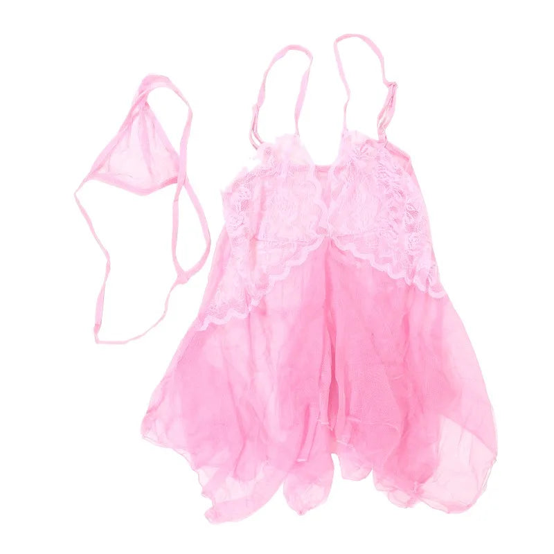 Sexy Lingerie Night Dress For Female Transparent Babydoll Nightwear With G-string Underwear Lace Sleepwear Women's Lingerie Set