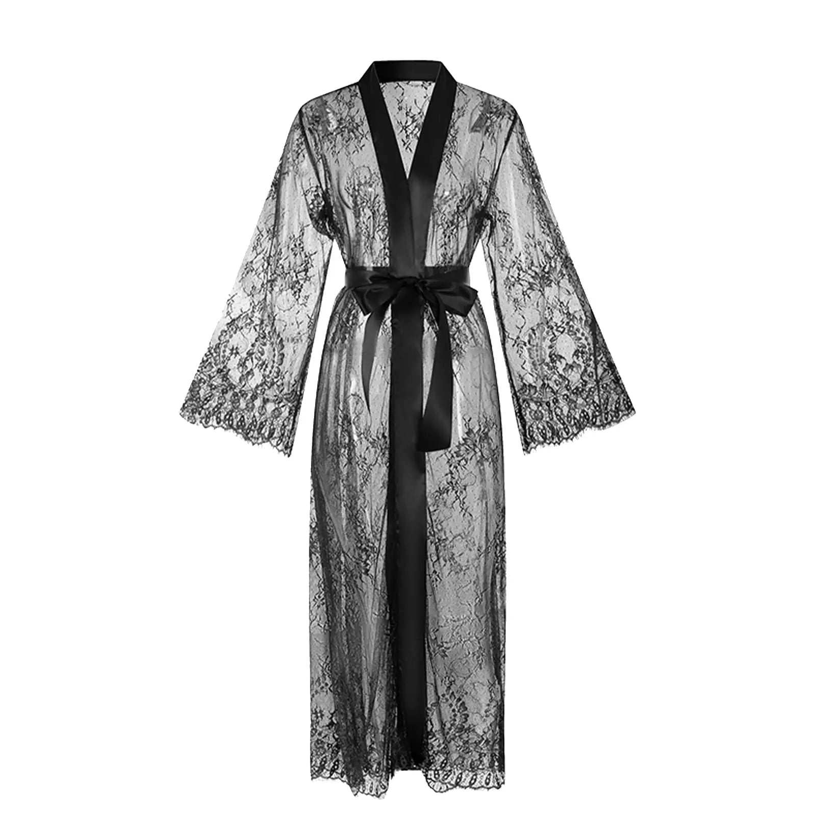 Women's Sexy Sheer Lace Robe Lingerie Long See Through Kimono Lingerie Dress Lace Gown Sleepwear