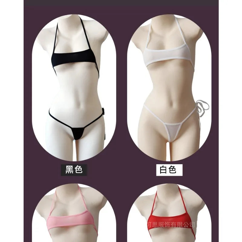 Sexy Lingerie Women's Bikini Exotic Sets Pink Tight Swimsuit T-Panties Set Thin Lace Up Transparent Bikinis Sets Spring Summer