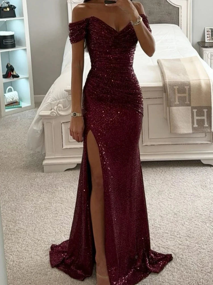 Sequin Long Dresses Women Sexy Off Shoulder Evening Dress Ladies Elegant Fashion Slash Neck Prom Female High Split Gown Vestidos