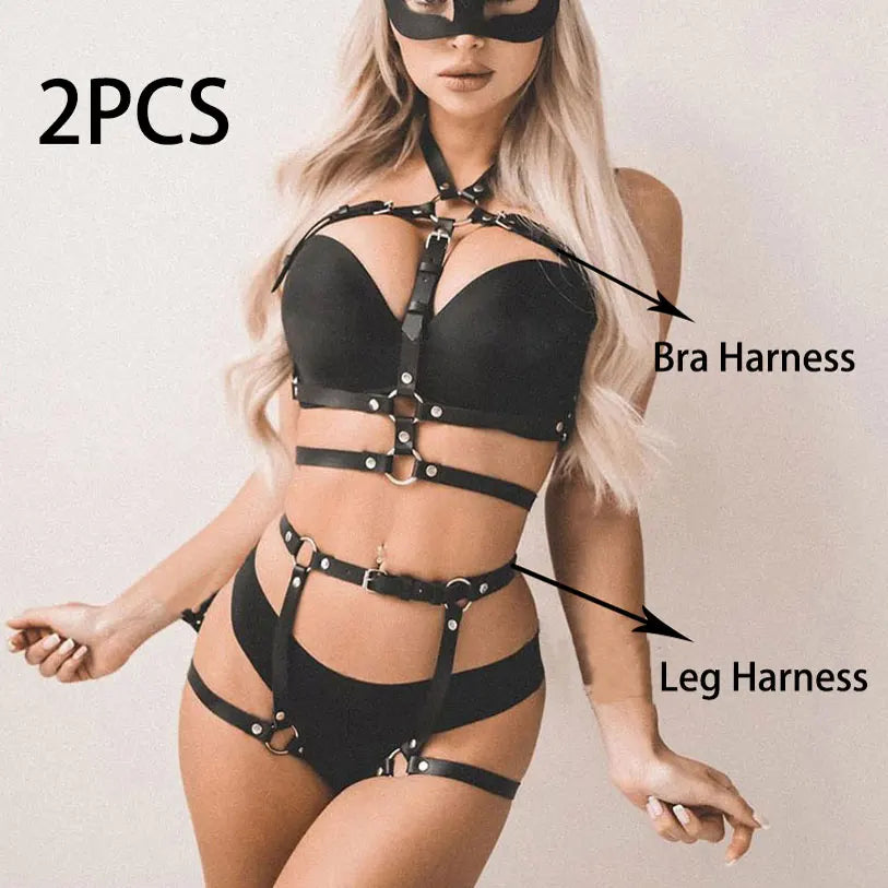 Sexy Leather Harness Women Chest Lingerie with Chain Strap Bondage Garter Belt Bdsm Gothic Fetish Clothing Leg Garter Stockings