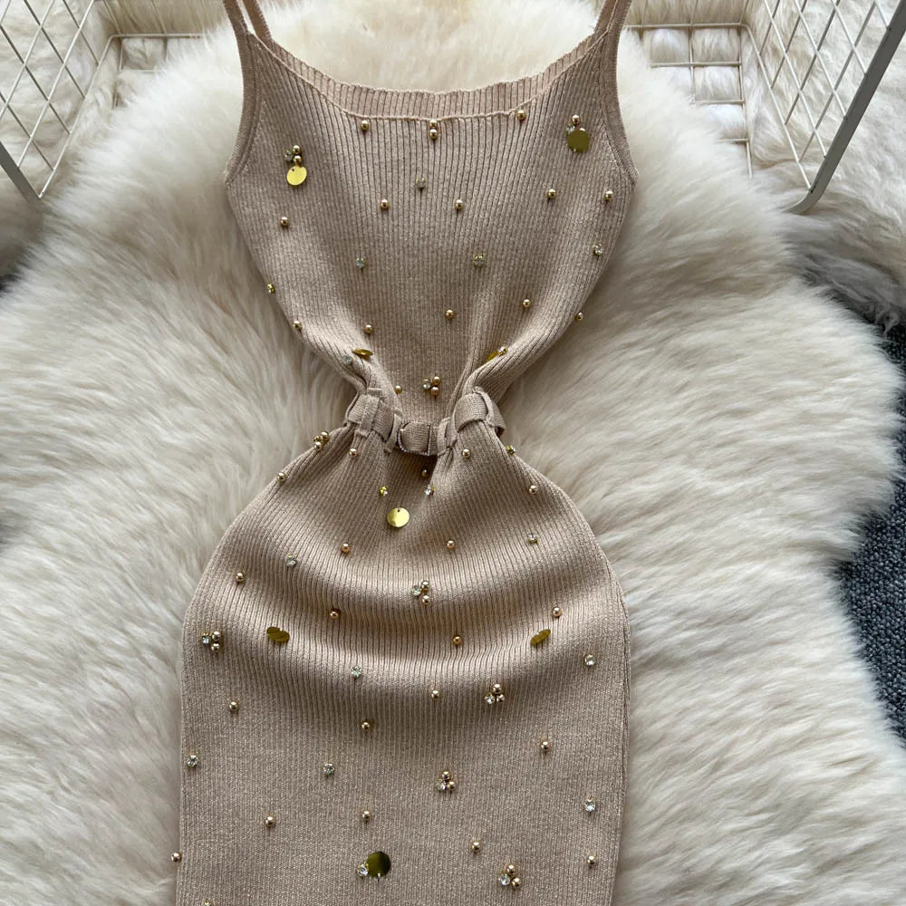 Sexy Knitting Split Long Dress Sleeveless Sequins Diamonds With Sashes Skinny Sundress 2025 Fashion Women Summer Dress