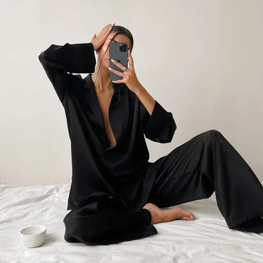 Two Pieces Women Pajama Sets Single Breasted Blouses Lounge Full Sleeve Spliced Straight Pants Casual Solid Lady Sleepwear